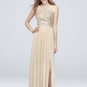 NEW GOLD a sequined, high-neck halter, open back, and mesh skirt create a glam